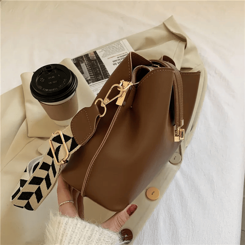 Baglo Brown Wide Shoulder Strap Bucket Bag Single Shoulder Bag